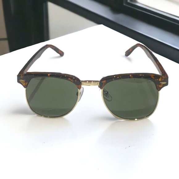 TORTOISE BROWLINE RETRO-VINTAGE LIGHTWEIGHT SUNGLASSES WITH GREEN LENSES - Picture 2 of 9